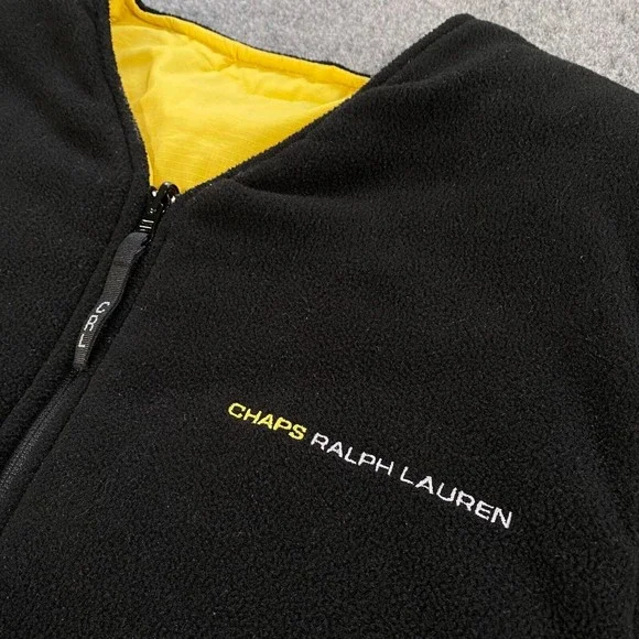 VINTAGE Chaps Ralph Lauren Reversible Vest Jacket Adult XL Black Yellow Fleece - Picture 9 of 11